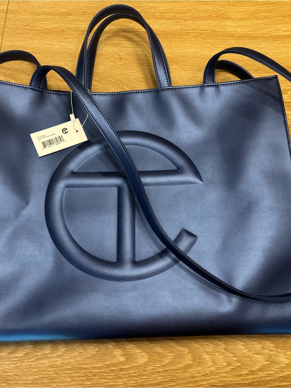 Telfar logo large shopping bag tote in metallic cobalt blue
